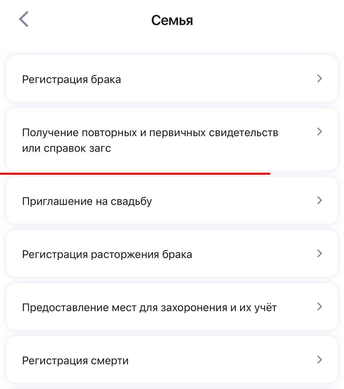 Госуслуги, раздел Семья — получение повторных свидетельств ЗАГС для дубликата свидетельства о браке