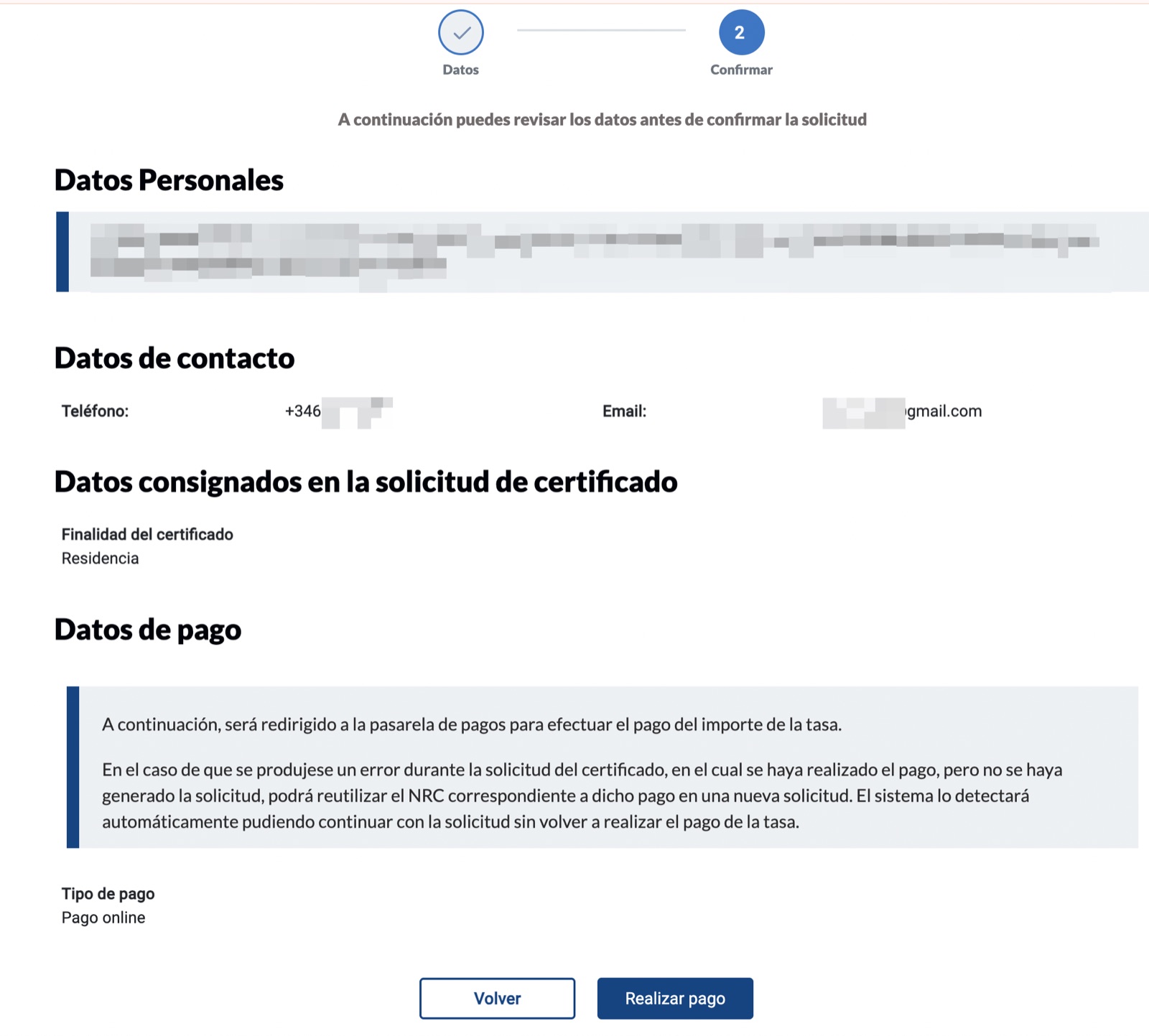 Подтверждение заявки на Certificado de Antecedentes Penales перед оплатой тасы