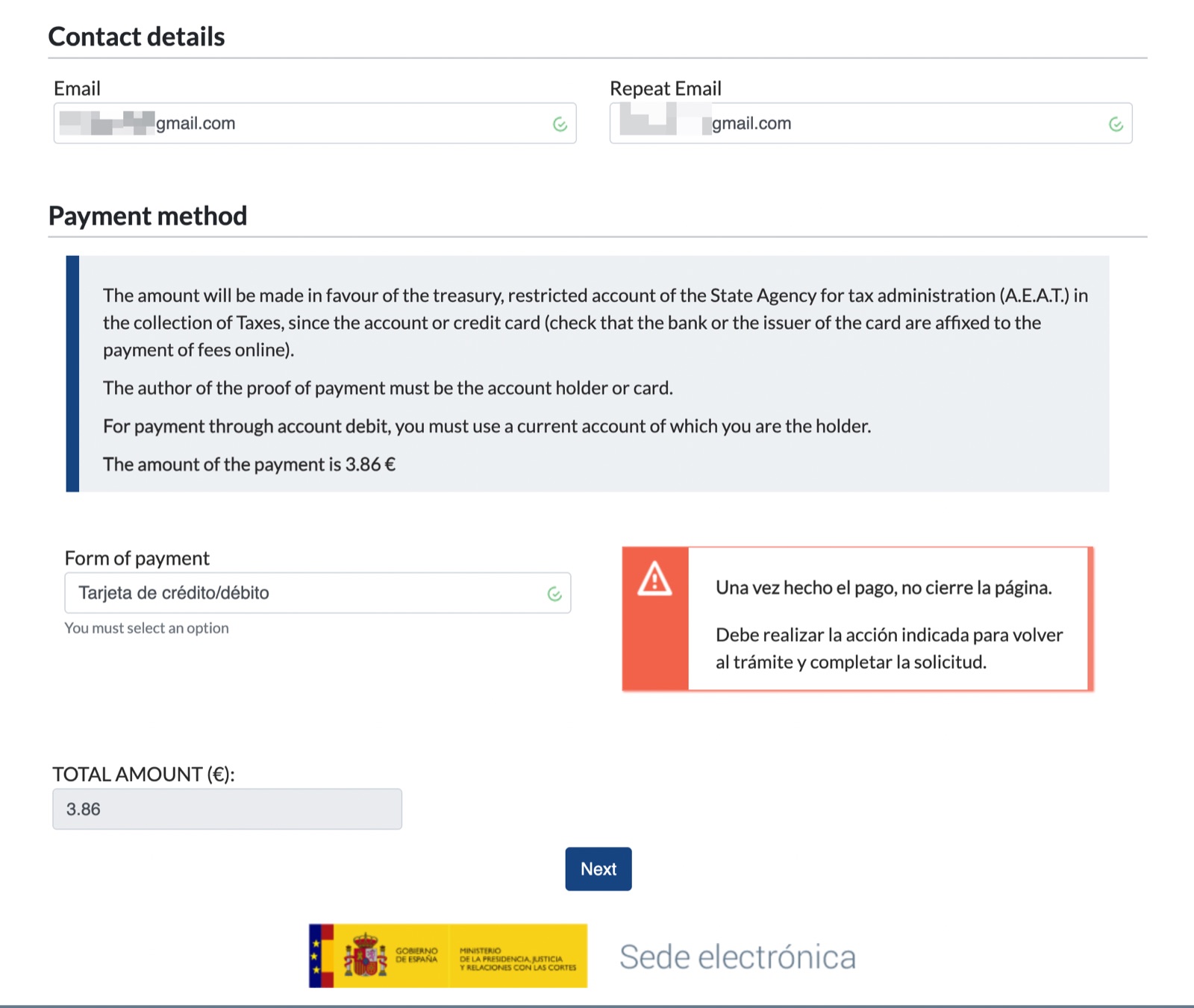 Выбор способа оплаты банковской картой — Tarjeta de crédito/débito
