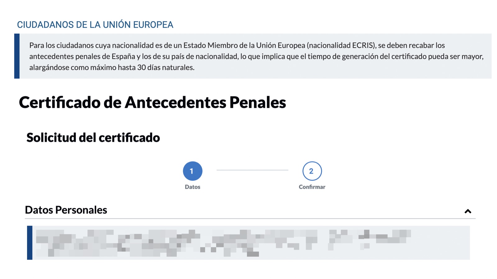 Заявка на Certificado de Antecedentes Penales — шаг Datos с личными данными заявителя