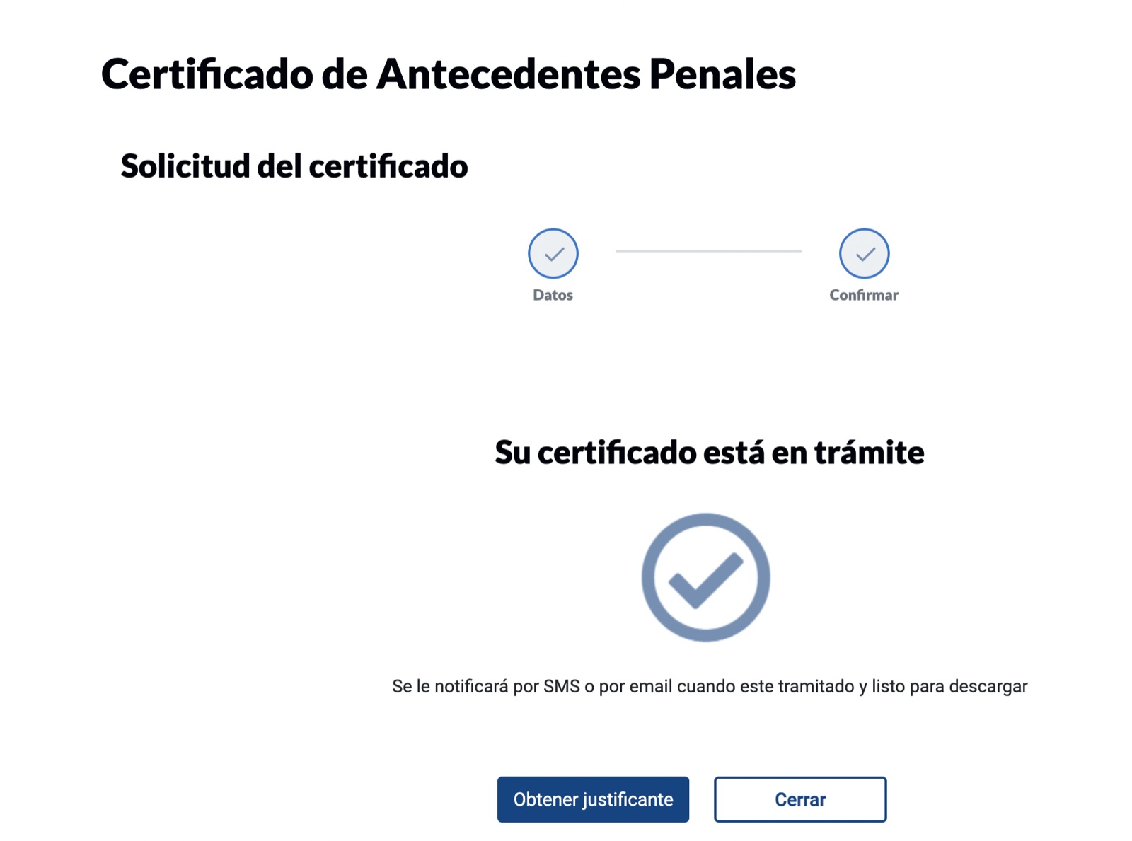 Заявка на справку о несудимости в Испании принята — certificado en trámite