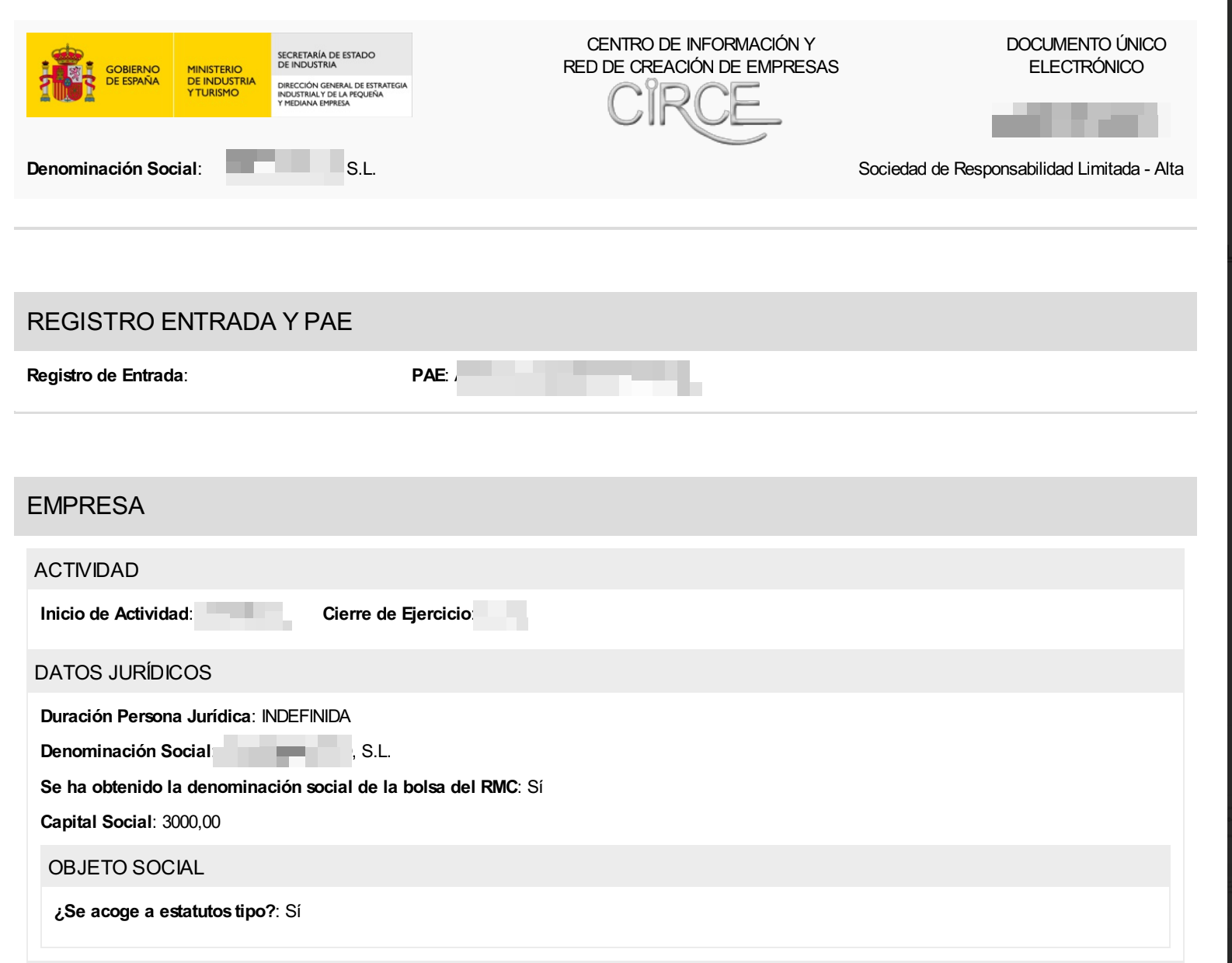 DUE (Documento Único Electrónico) в системе CIRCE — данные компании для регистрации SL