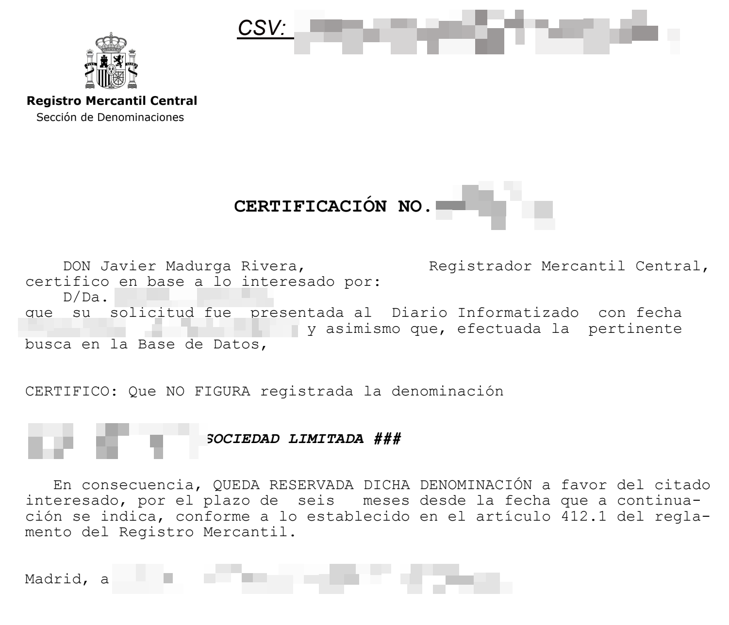 Certificación negativa de denominación из Registro Mercantil Central — сертификат о резервировании названия SL